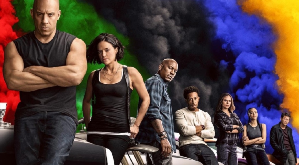 F9 Fast and Furious promo image with characters and colorful smoke.